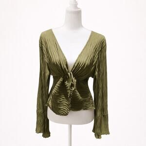 PrettyLittleThing Olive Green Crinkle Crepe Tie Front Top Size 6 Y2K Cottagecore